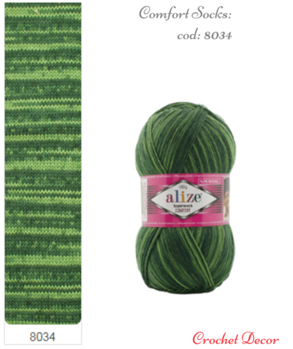 Fir de tricotat din lana pentru sosete_Alize Comfort Socks_cod 8034 Printverde deschis, verde inchis